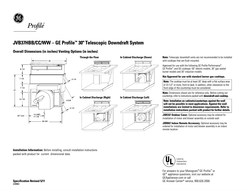 Page 1 de la notice Fiche technique GE Profile JVB37HCC