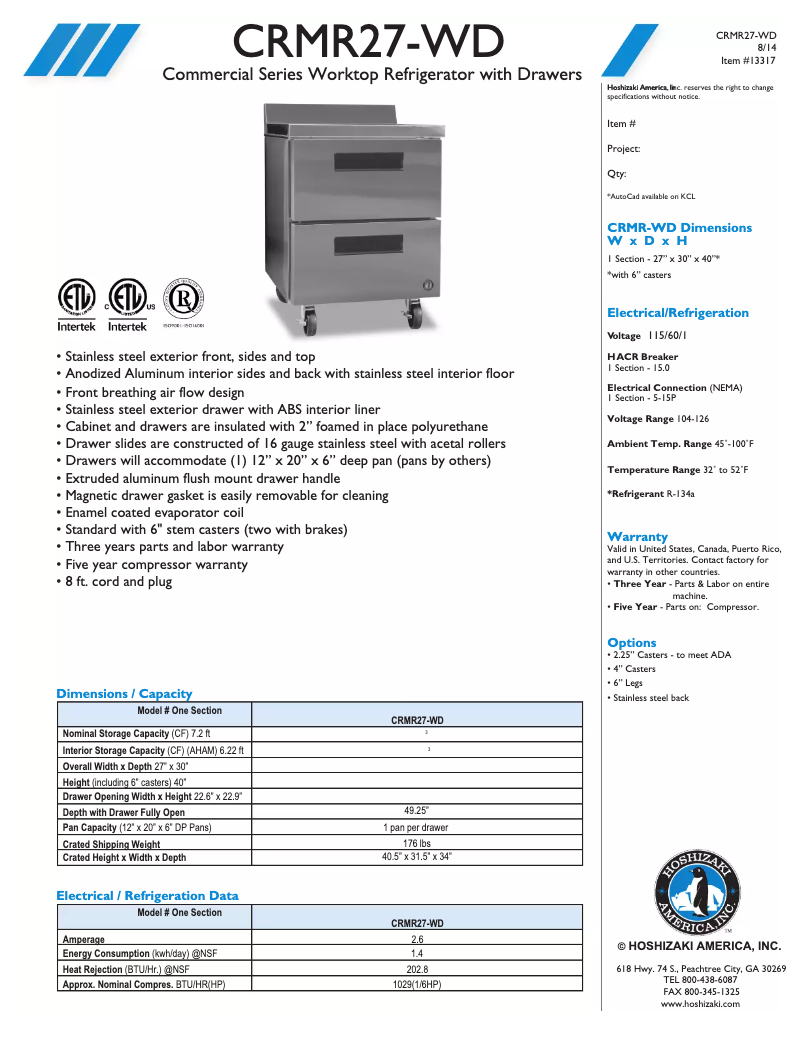 Page 1 de la notice Fiche technique Hoshizaki CRMR27