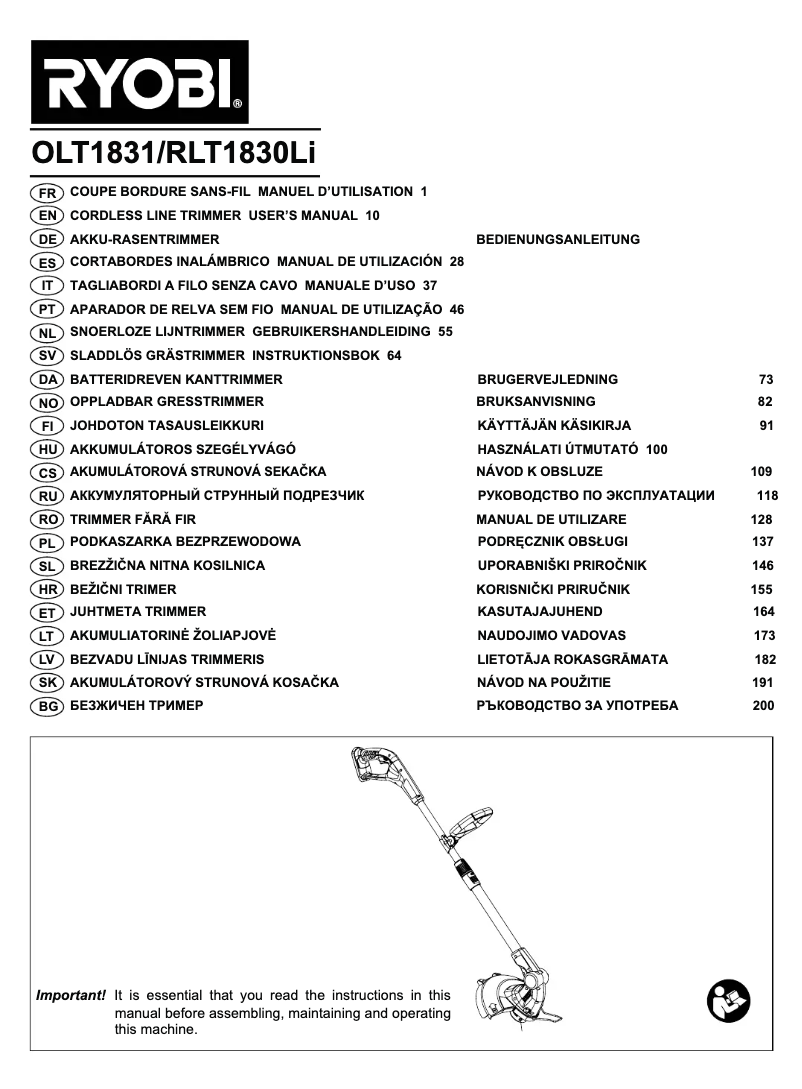 Page 1 de la notice Manuel utilisateur RYOBI RLT1830LI