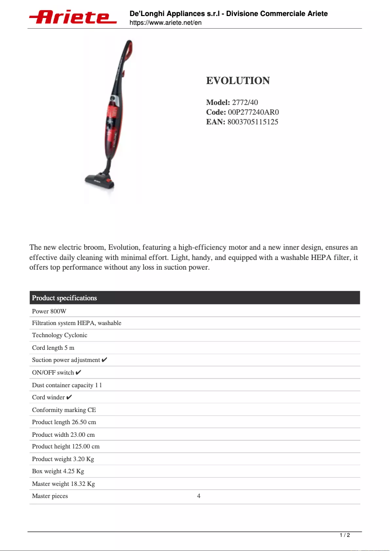Page 1 de la notice Fiche technique Ariete Evolution 2772