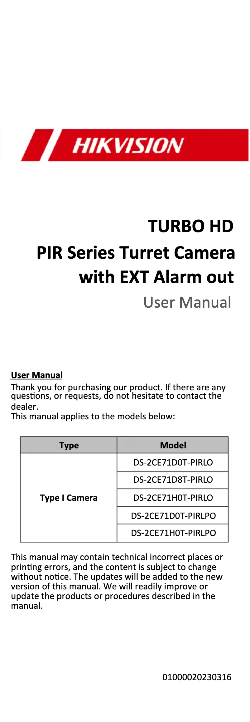 Page 1 de la notice Manuel utilisateur Hikvision DS-2CE71D8T-PIRLO