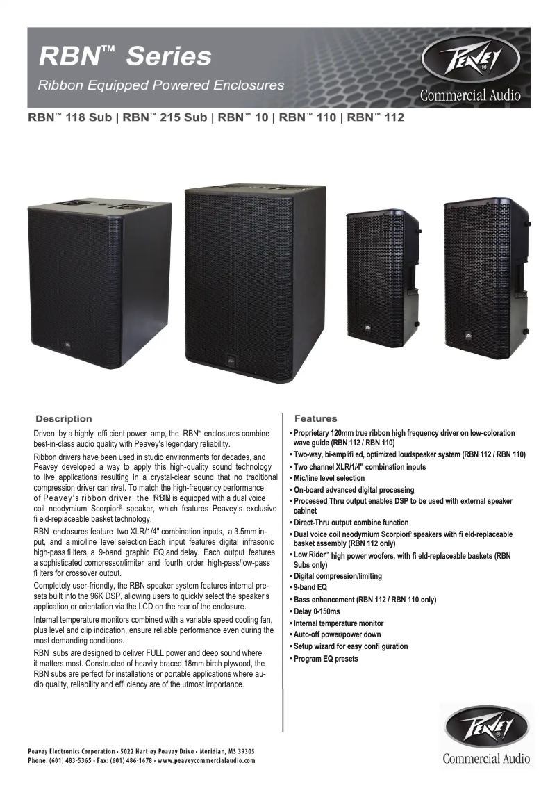 Page 1 de la notice Fiche technique Peavey RBN 110