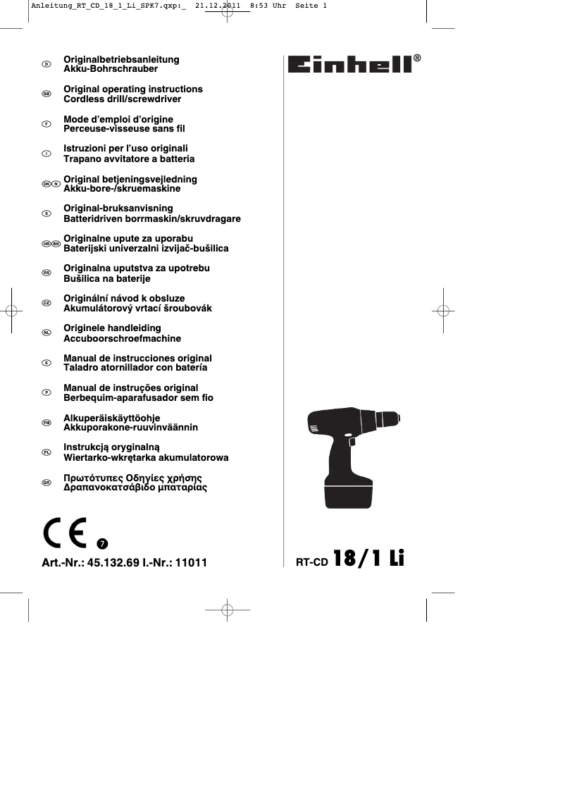 Page 1 de la notice Manuel utilisateur Einhell RT-CD 18/1 Li