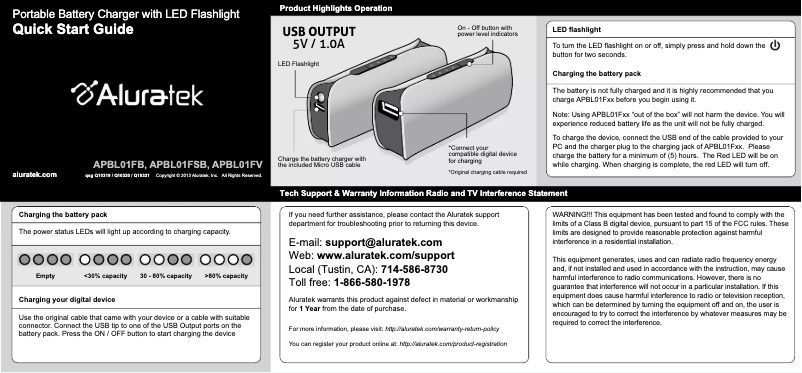 Page 1 de la notice Manuel utilisateur Aluratek APBL01FB