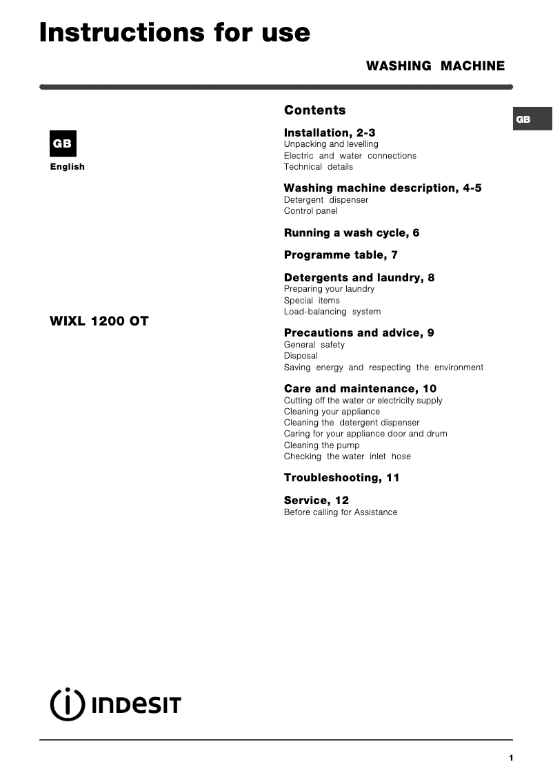 Page n°1 - Manuel utilisateur Indesit WIXL 1200 OT (UK)