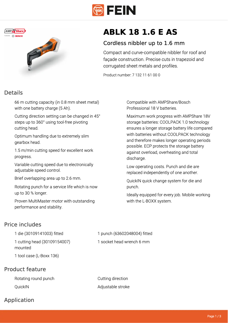 Page 1 de la notice Fiche technique Fein ABLK 18 1.6 E AS