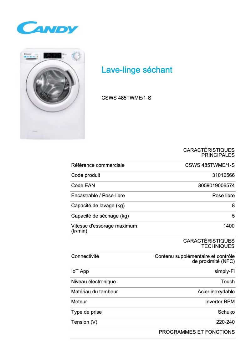 Página 1 del manual Ficha técnica Candy CSWS 485TWME/1-S