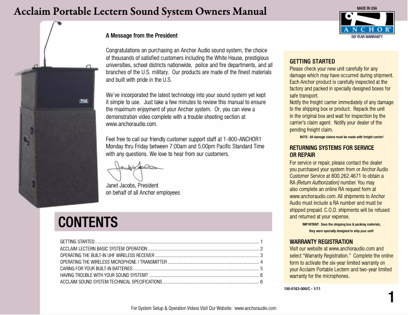 Page 1 de la notice Manuel utilisateur Anchor Audio ACL-DP/HH/EM