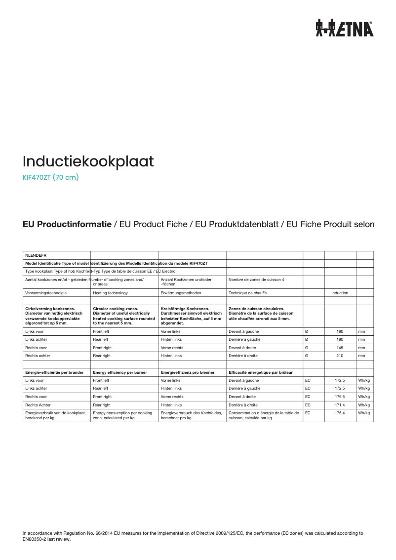 Page 1 de la notice Fiche technique Etna KIF470ZT