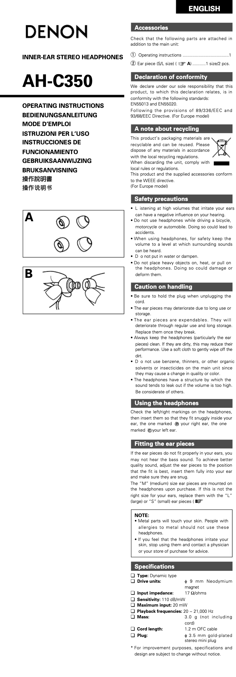 Page 1 of the manual User Manual Denon AH-C350W