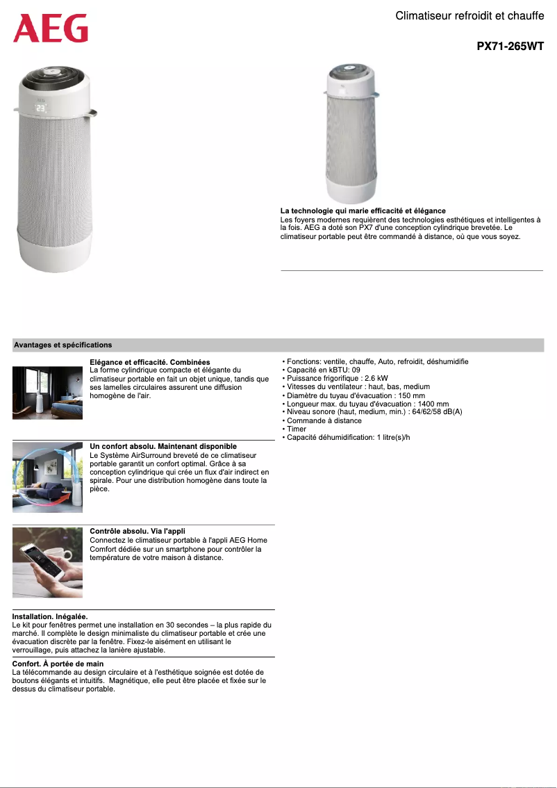 Page 1 de la notice Fiche technique AEG PX71-265WT