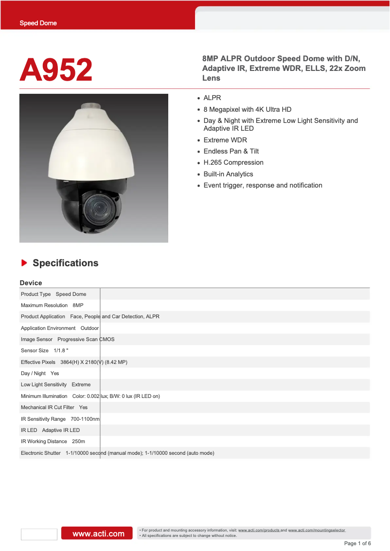 Page 1 de la notice Fiche technique ACTi A952