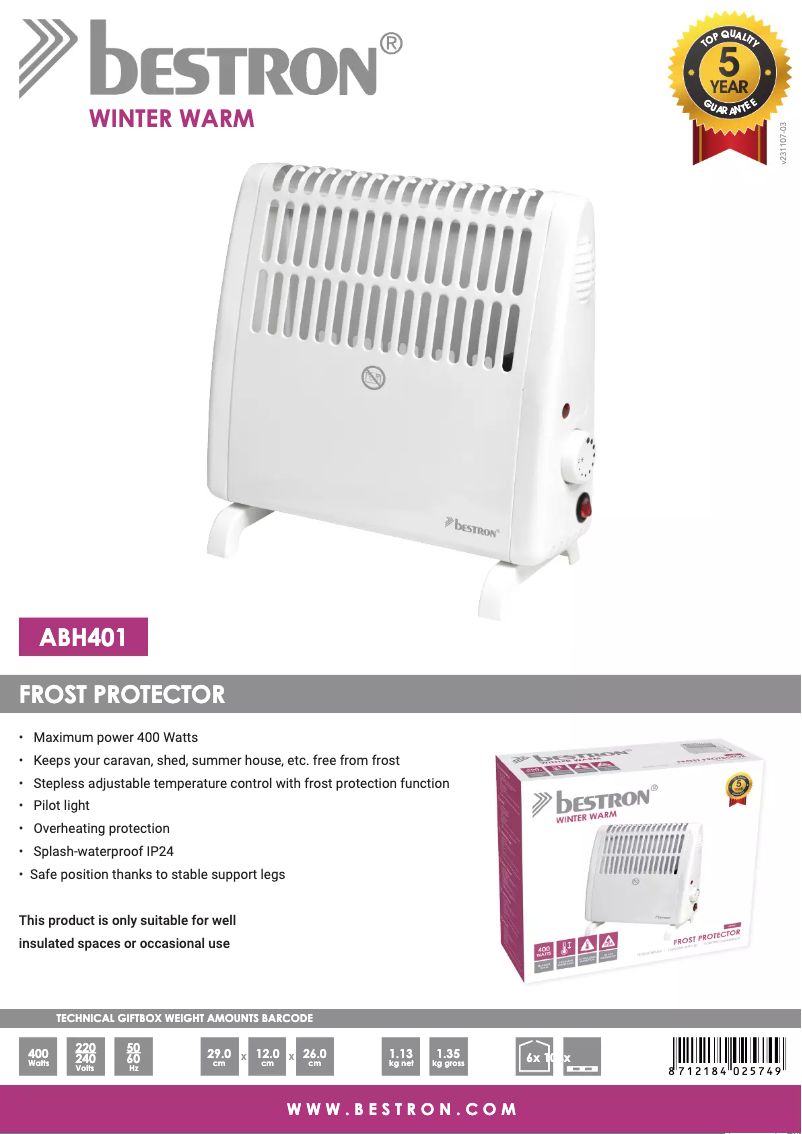 Page 1 de la notice Fiche technique Bestron ABH401