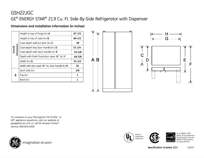 Page n°1 - Fiche technique GE GSH22JGCCC