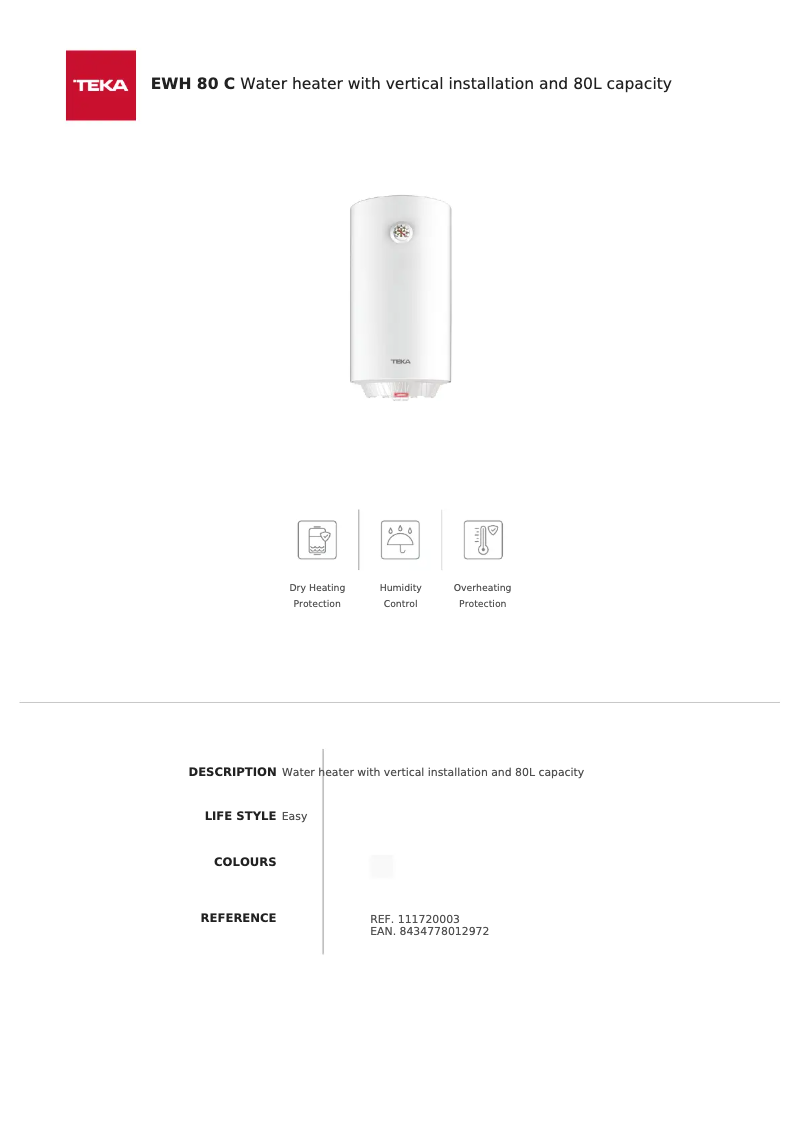 Page 1 de la notice Fiche technique Teka EWH 80 C