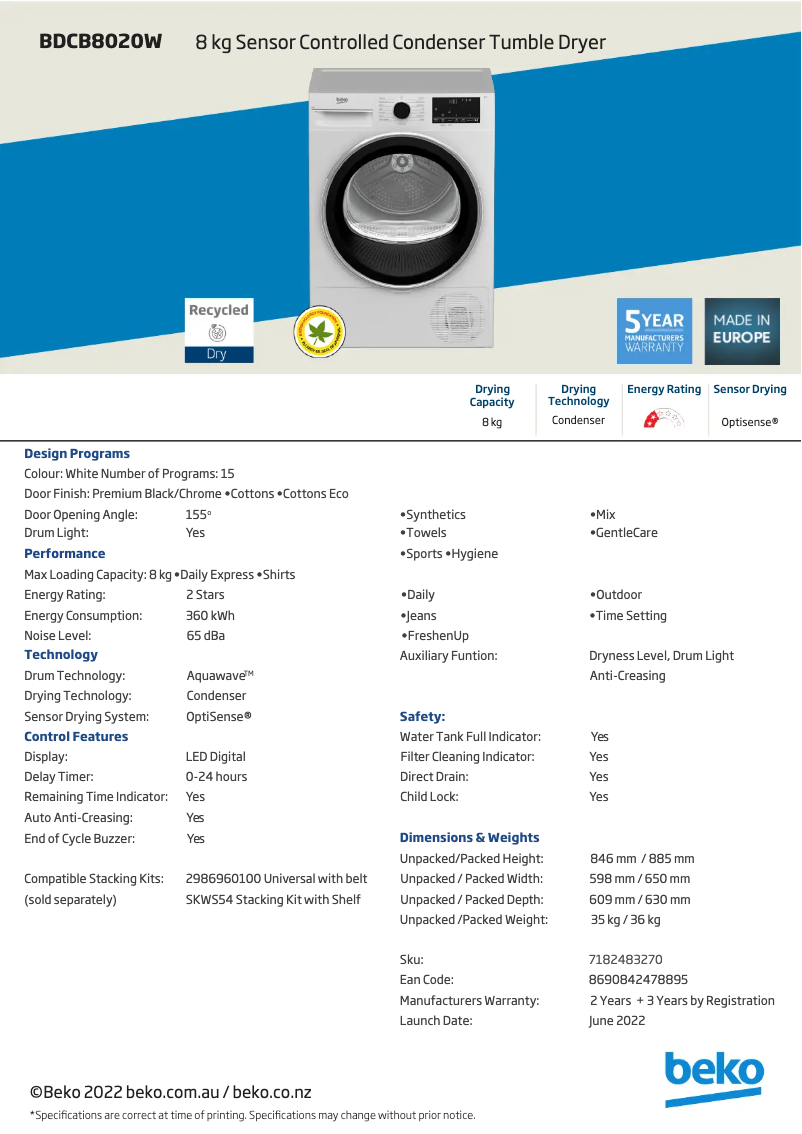 Page 1 de la notice Fiche technique Beko BDCB8020W