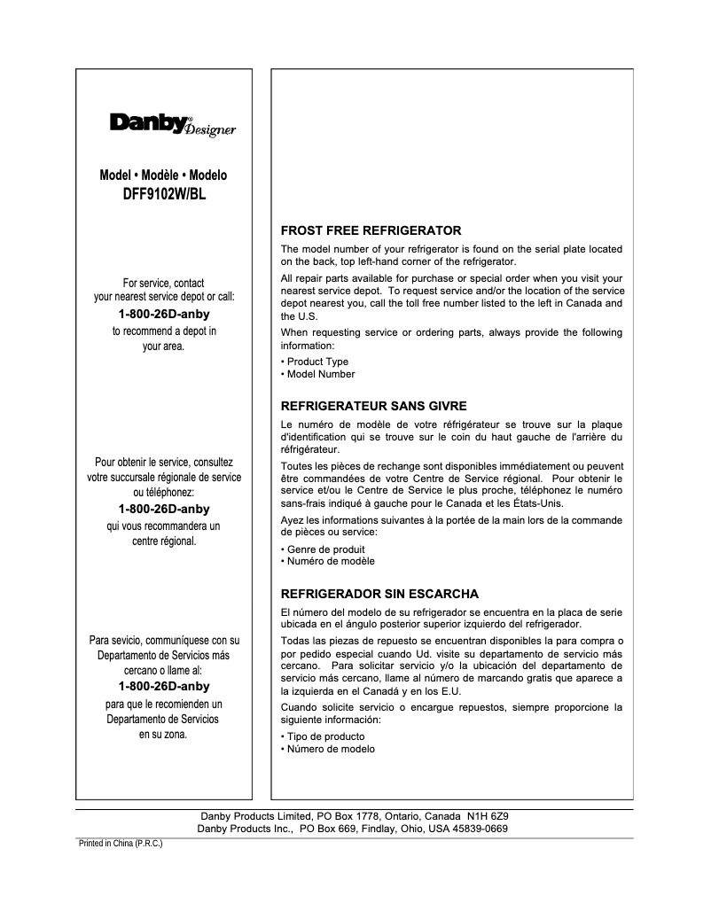 Page 1 de la notice Manuel utilisateur Danby DFF9102W