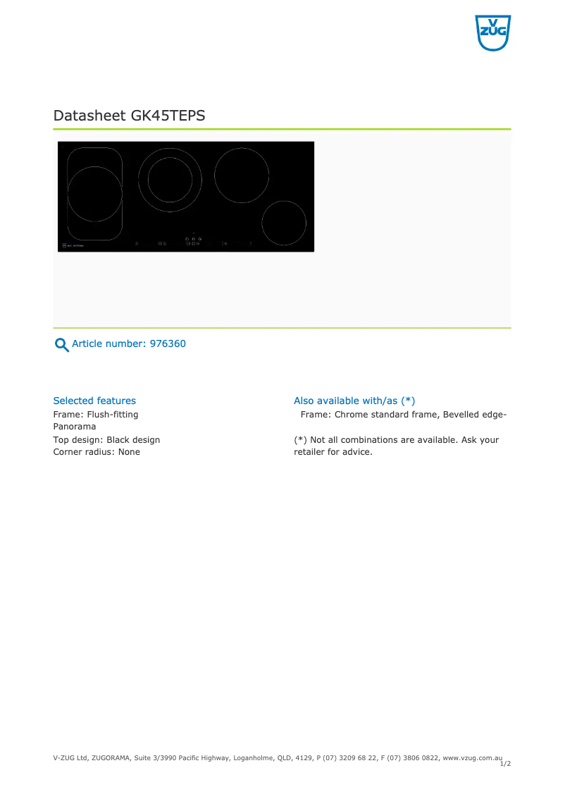 Page 1 of the manual Technical Sheet V-Zug GK45TEPSF