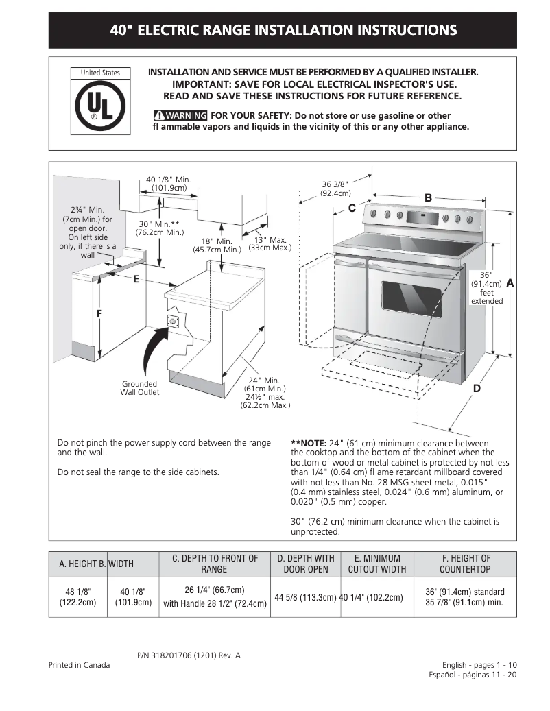 Page 1 de la notice Guide d'installation Frigidaire FPEF4085KF