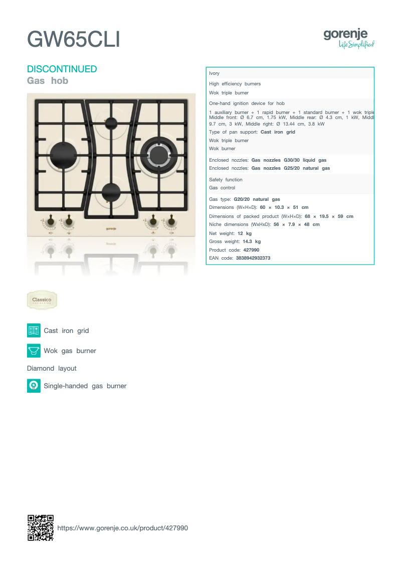 Page 1 de la notice Fiche technique Gorenje GW65CLI