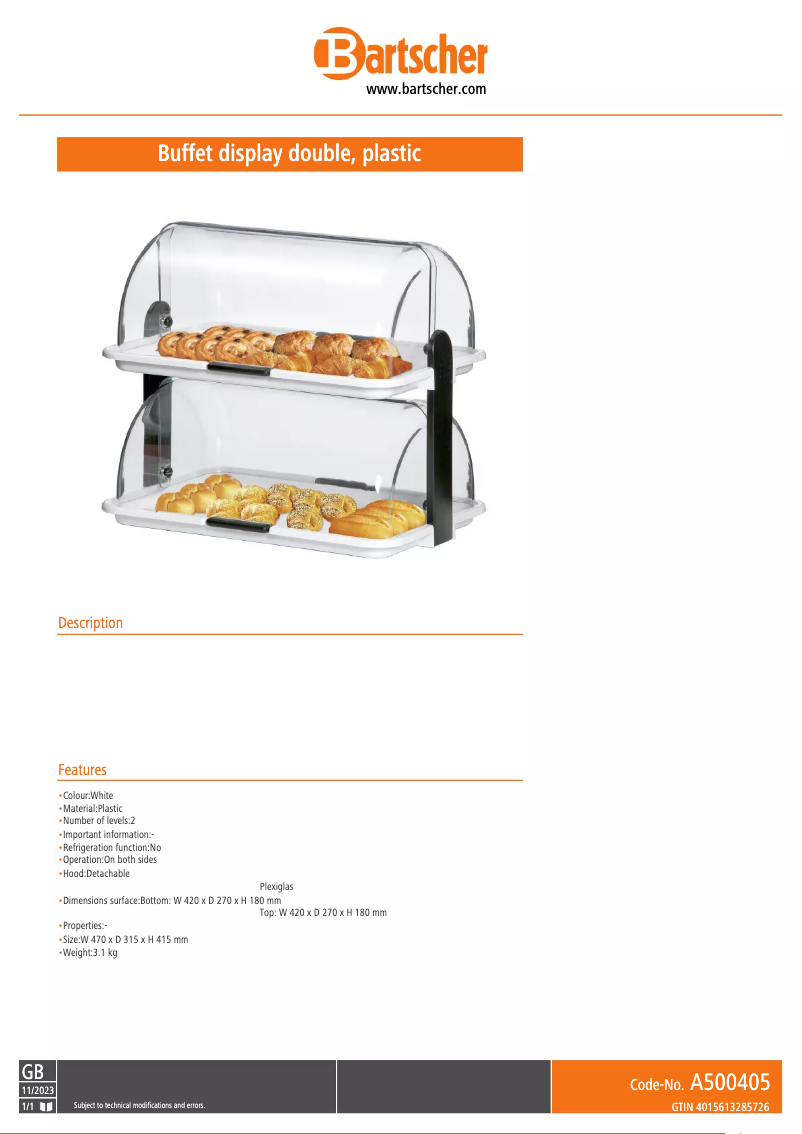 Page 1 de la notice Fiche technique Bartscher A500405