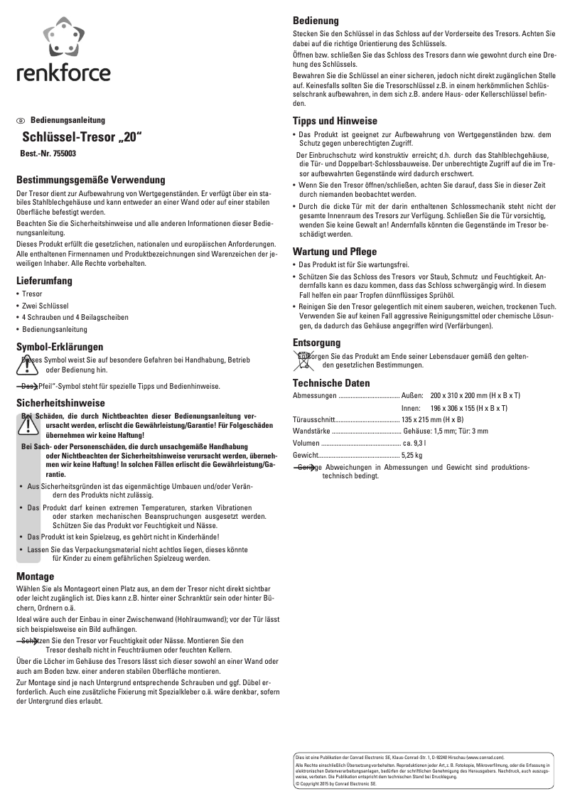 Página 1 del manual Manual de usuario Renkforce Key safe 20