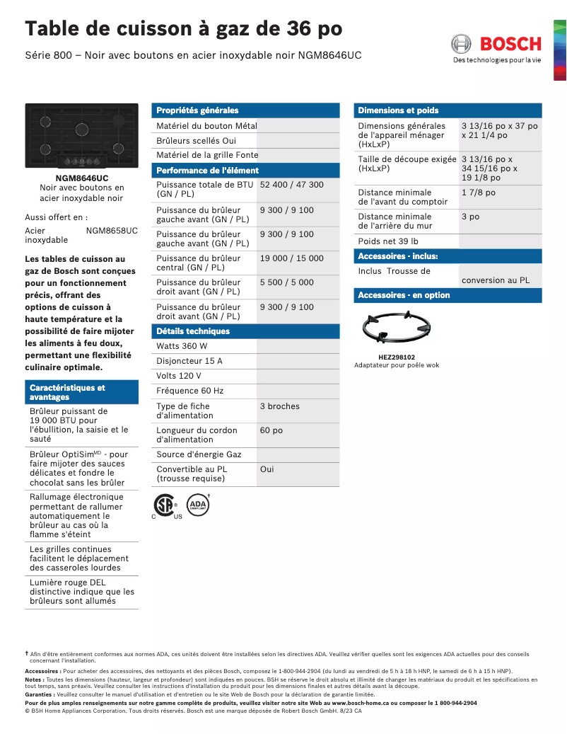 Page 1 de la notice Fiche technique Bosch NGM8646UC