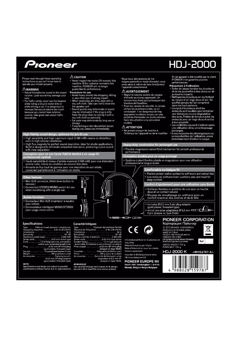 Page 1 de la notice Manuel utilisateur Pioneer HDJ-2000