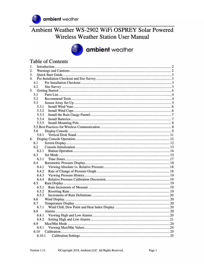 Page 1 de la notice Manuel utilisateur Ambient Weather WS-2902