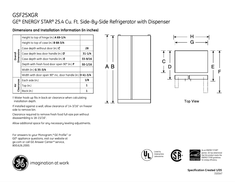 Page n°1 - Fiche technique GE GSF25XGRCC