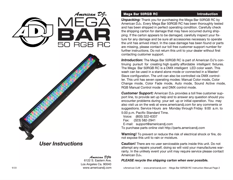 Page 1 de la notice Manuel utilisateur American DJ Mega Bar 50 RGB RC