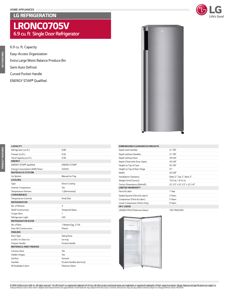 Page 1 de la notice Fiche technique LG LRONC0705V