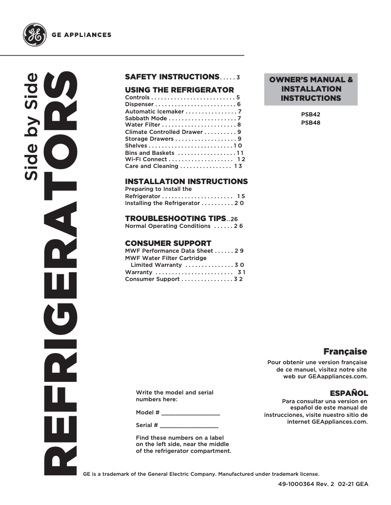 Page n°1 - Guide d'installation GE Profile PSB42YSKSS