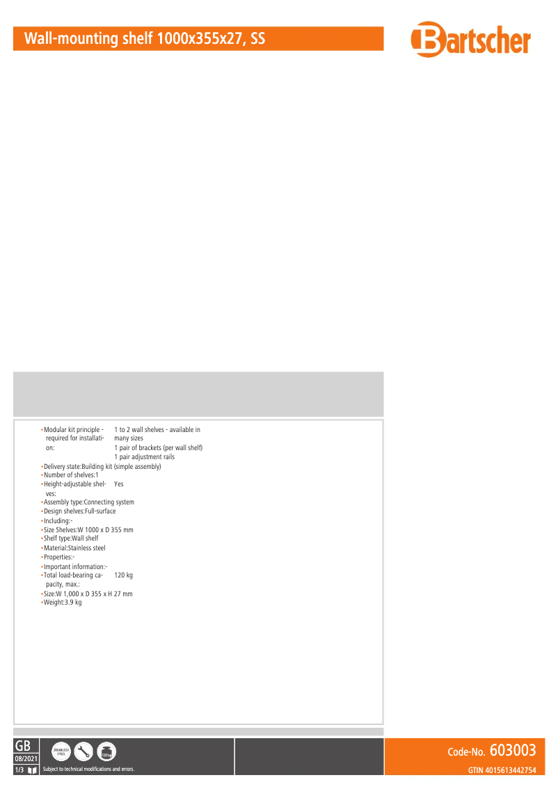 Page 1 de la notice Fiche technique Bartscher 603003