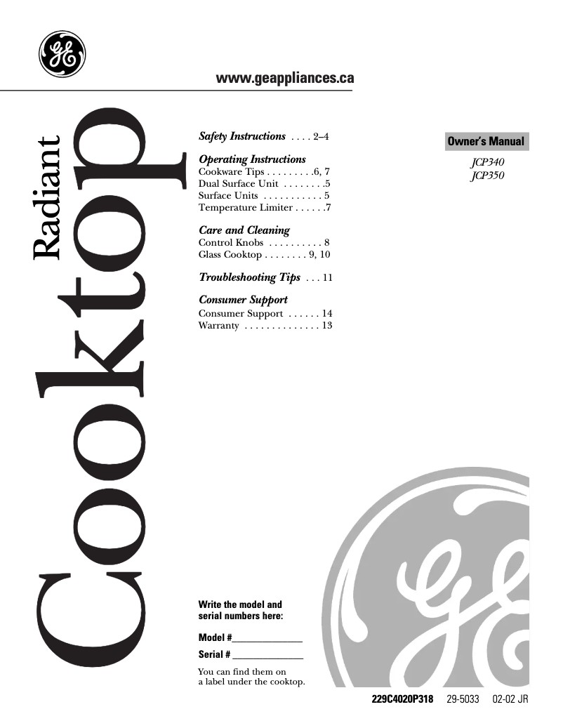 Página 1 del manual Manual de usuario GE JCP350BCBB