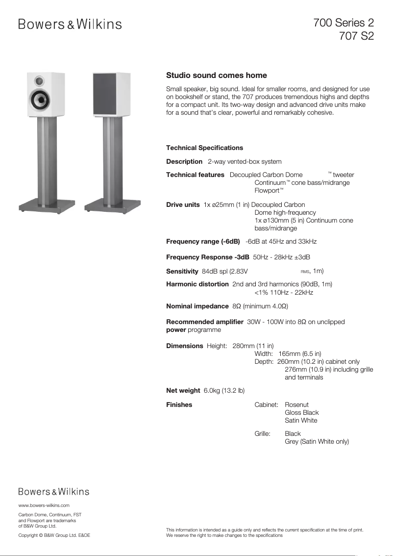 Page 1 de la notice Fiche technique Bowers & Wilkins 707 S2