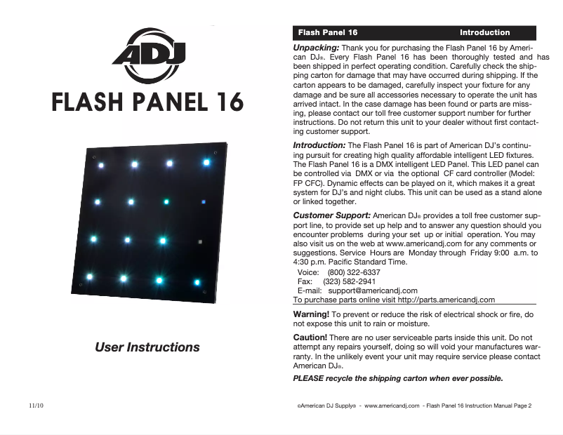 Page 1 de la notice Manuel utilisateur American DJ Flash Panel 16