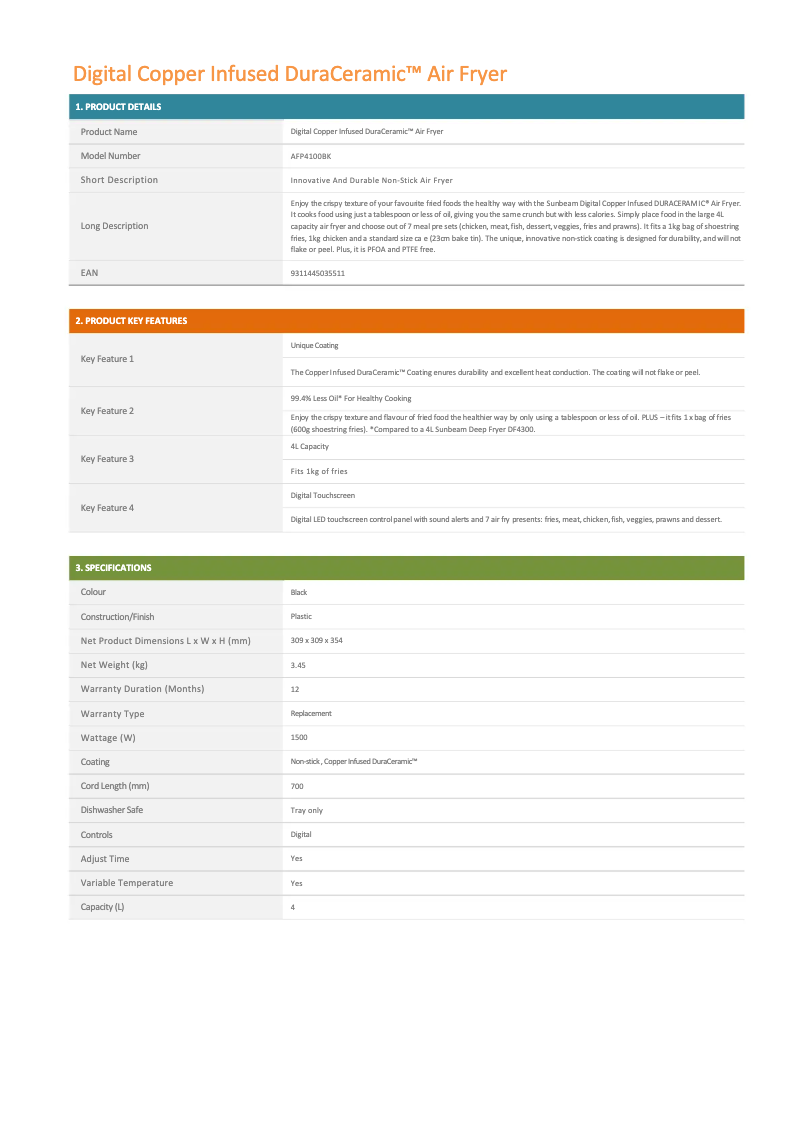 Page 1 de la notice Fiche technique Sunbeam DuraCeramic AFP4100BK
