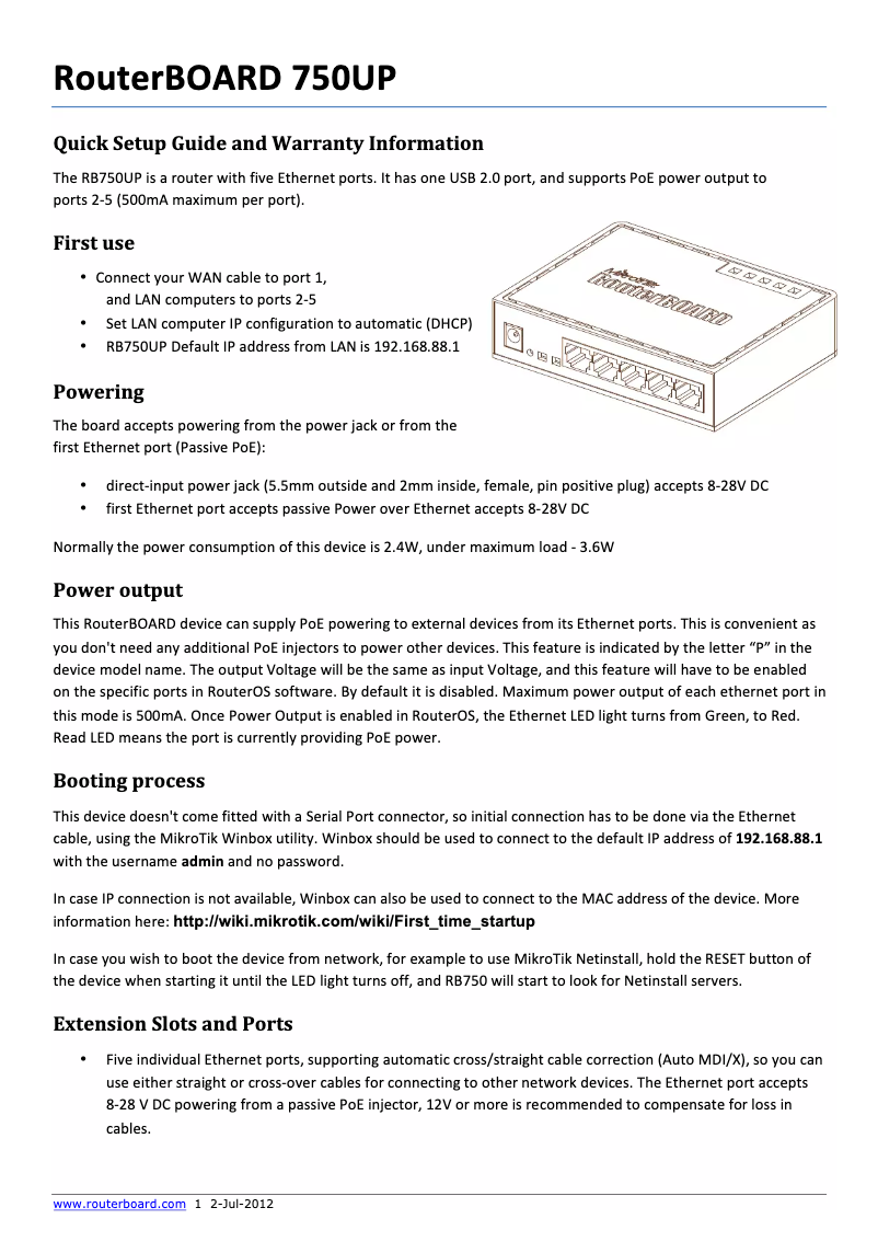 Page 1 de la notice Manuel utilisateur Mikrotik RouterBOARD750UP