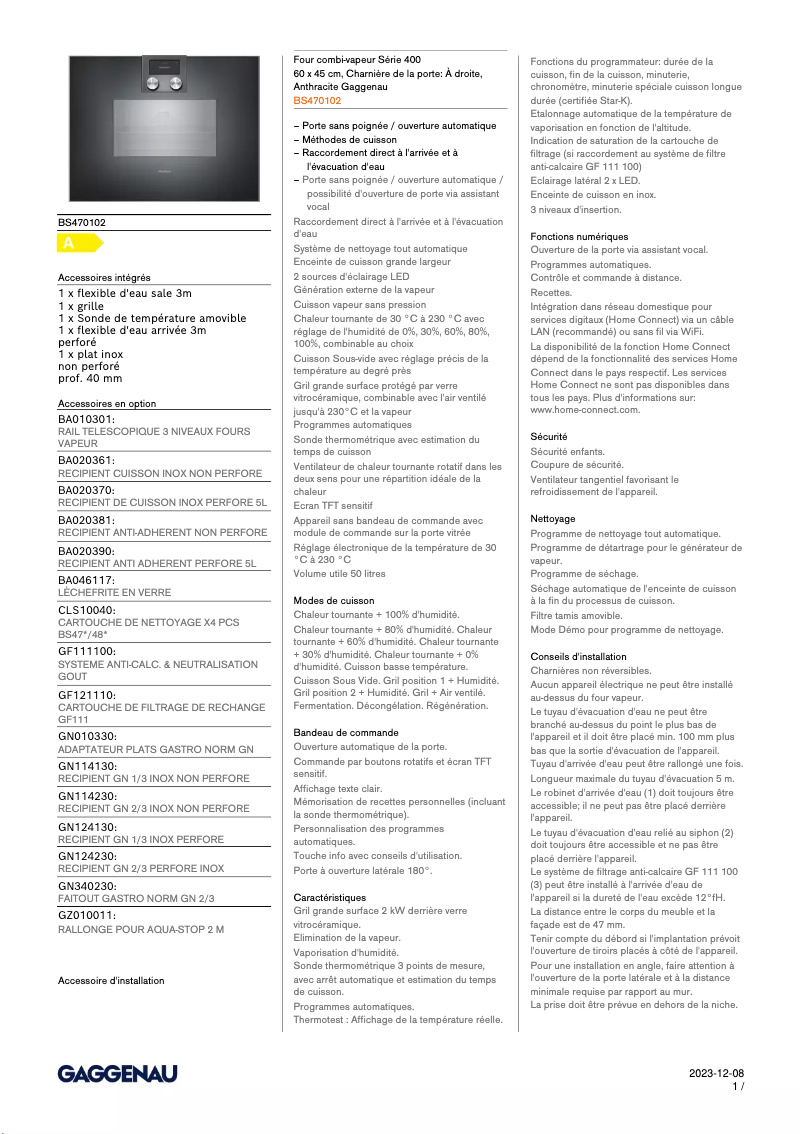 Page 1 de la notice Fiche technique Gaggenau BS470102