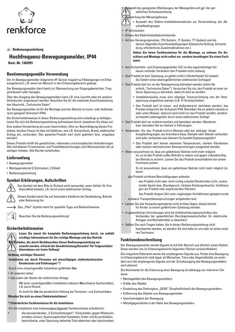 Page 1 de la notice Manuel utilisateur Renkforce 1362991