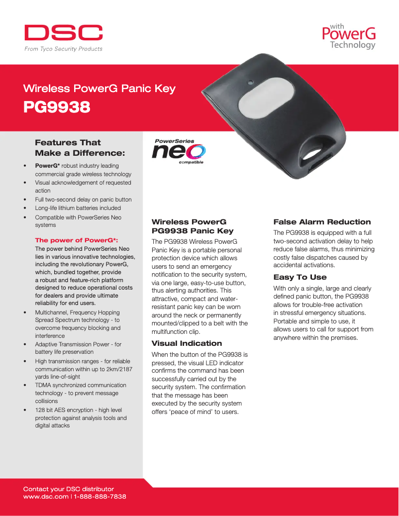 Page 1 de la notice Fiche technique DSC PG9938