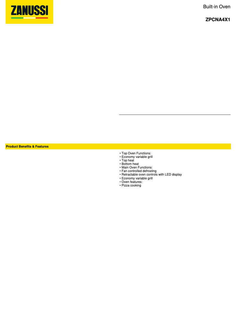 Page 1 de la notice Fiche technique Zanussi ZPCNA4X1