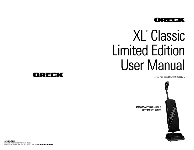 Page 1 de la notice Manuel utilisateur Oreck XL Classic Limited Edition UK2200