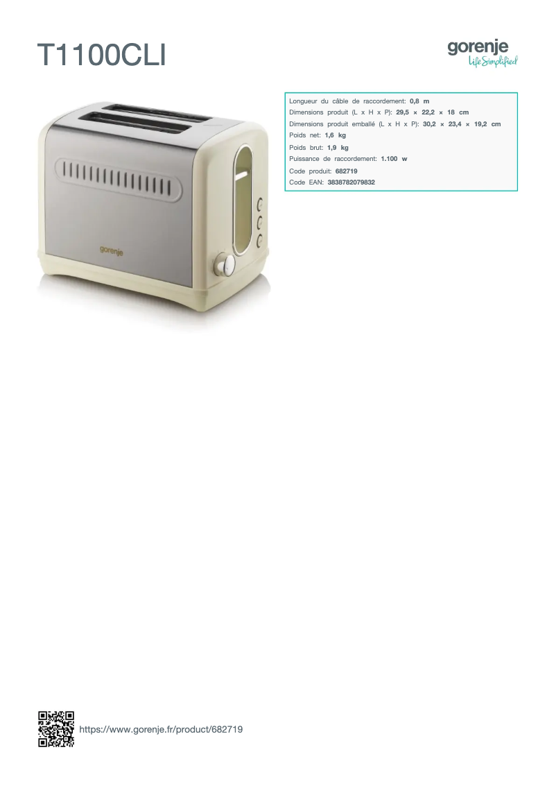 Page 1 of the manual Technical Sheet Gorenje T1100CLI