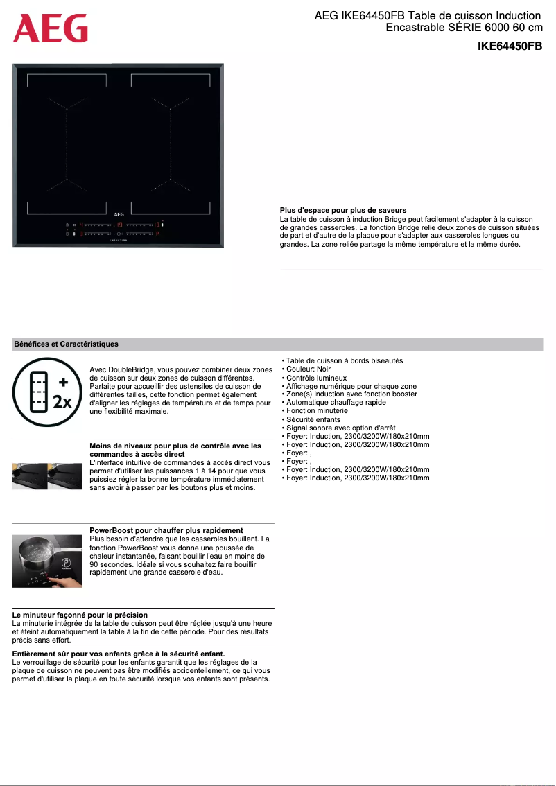 Page 1 de la notice Fiche technique AEG IKE64450FB