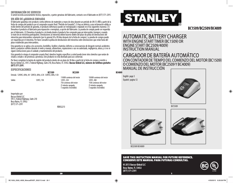 Page 1 de la notice Manuel utilisateur Stanley BC2509