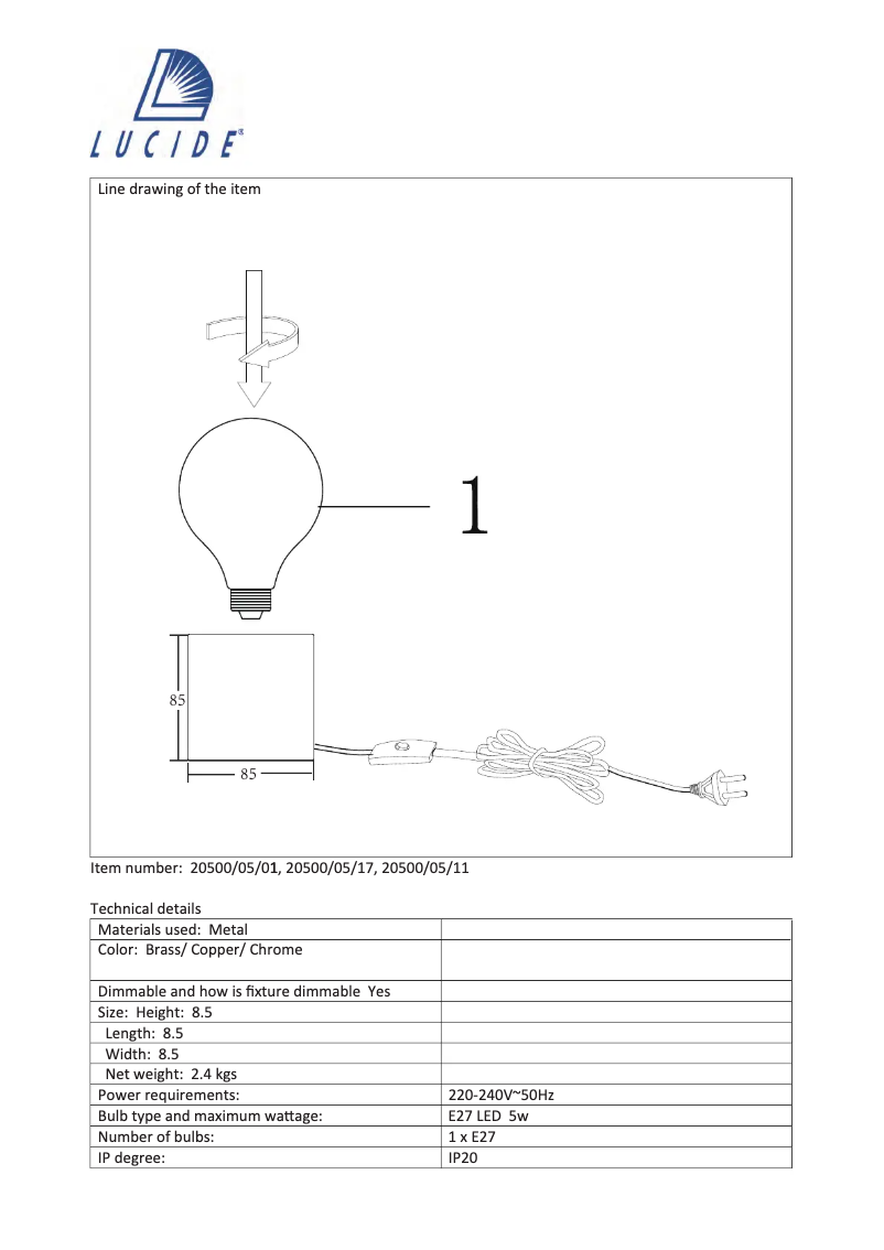 Página 1 del manual Manual de usuario Lucide Cubico 20500/05/17