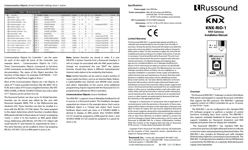 Page 1 of the manual User Manual Russound KNX-RIO-1