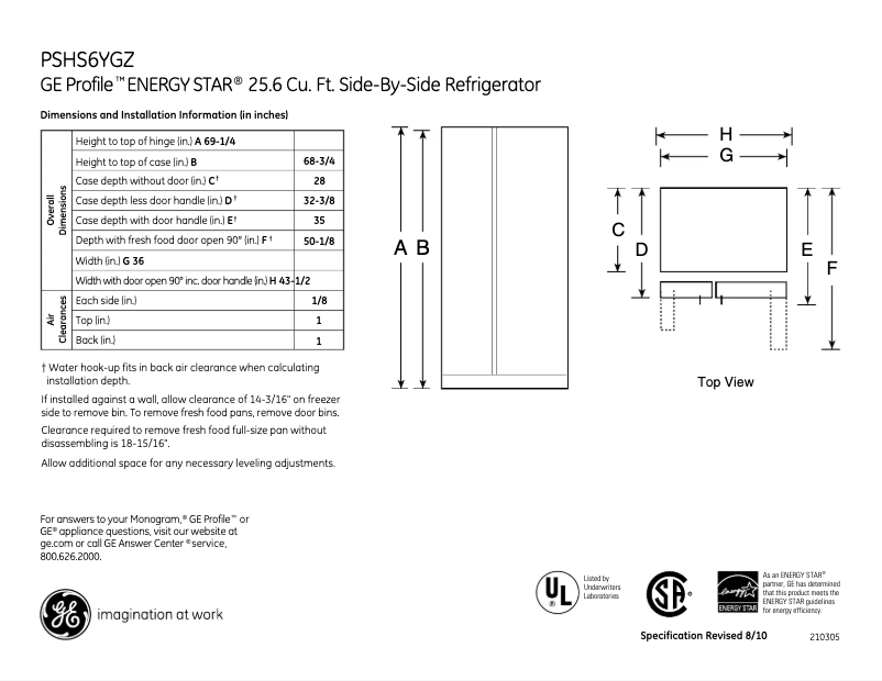 Image de la première page du manuel de l'appareil Profile PSHS6YGZSS